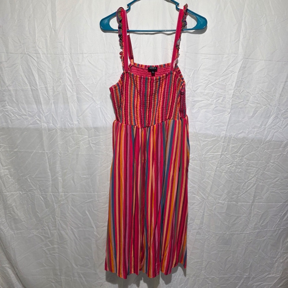 Torrid Multi Color Striped Smocked Midi Dress Ruffle Straps Plus Size 2